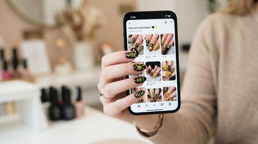 White female hand holding a smartphone showing nail inspiration photos in a clean setting.