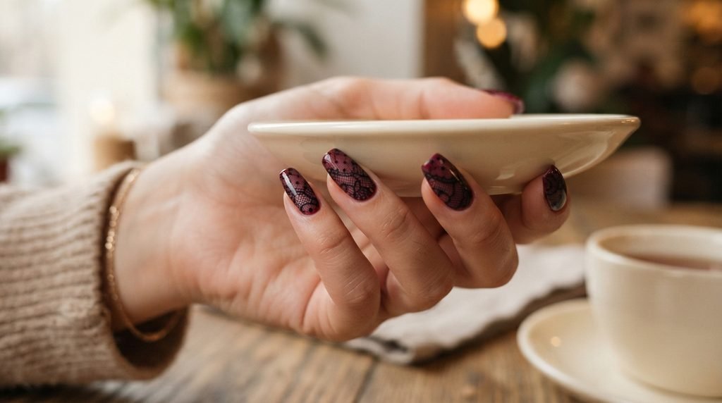 Black lace pattern painted over burgundy coffin nails on an 18-year-old white female hand cupping a saucer.