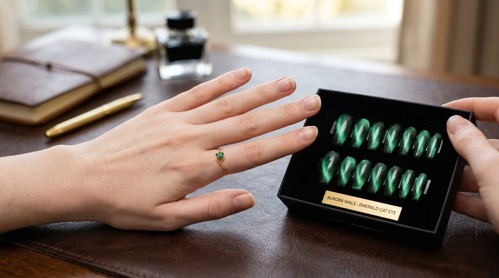 Sharp magnetic cat eye line on a single nail on a female hand with very white skin against dark plum silk.