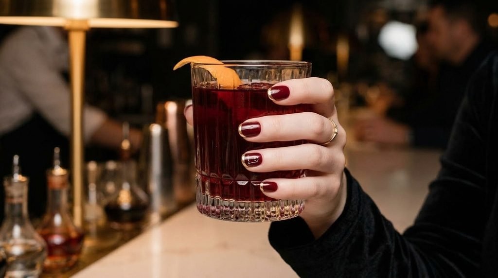 A warm close-up of an 18-year-old female hand with the finished burgundy and gold manicure. The hand curls around a cocktail glass with a deep red drink. The background is a chic bar.