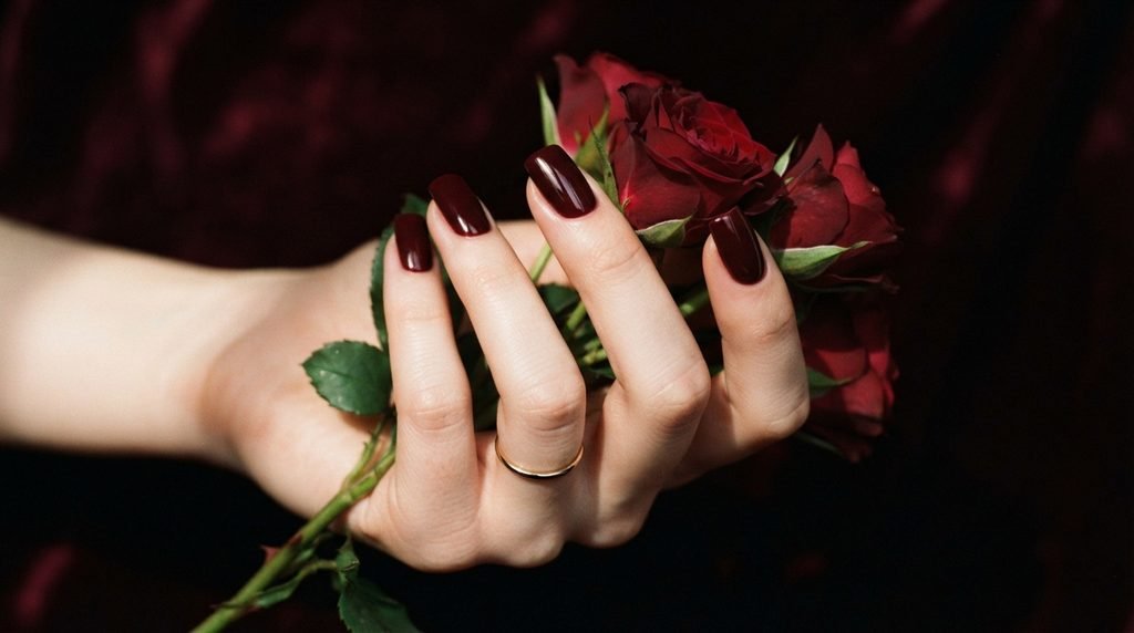 A close-up of a hand with square burgundy nails. The hand holds a deep red rose and has on a thin gold ring. Flawless cuticle management is visible.