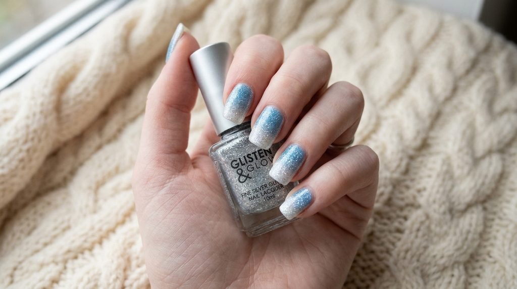 Extreme close-up of a makeup sponge dabbing blue polish onto an oval nail for an ombré gradient.