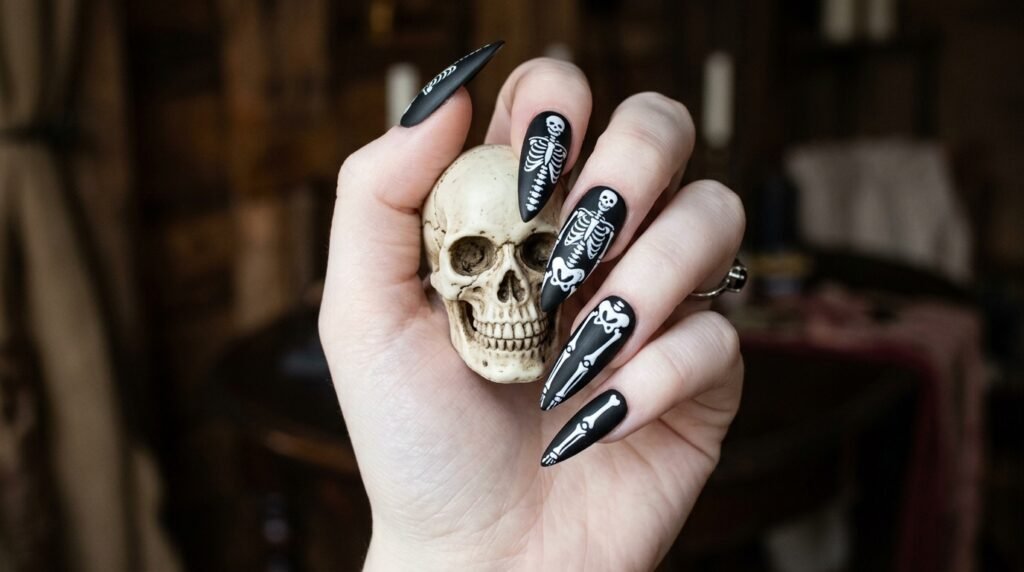 Female hand with white skin resting on salon armrest displaying manicured coffin nails.