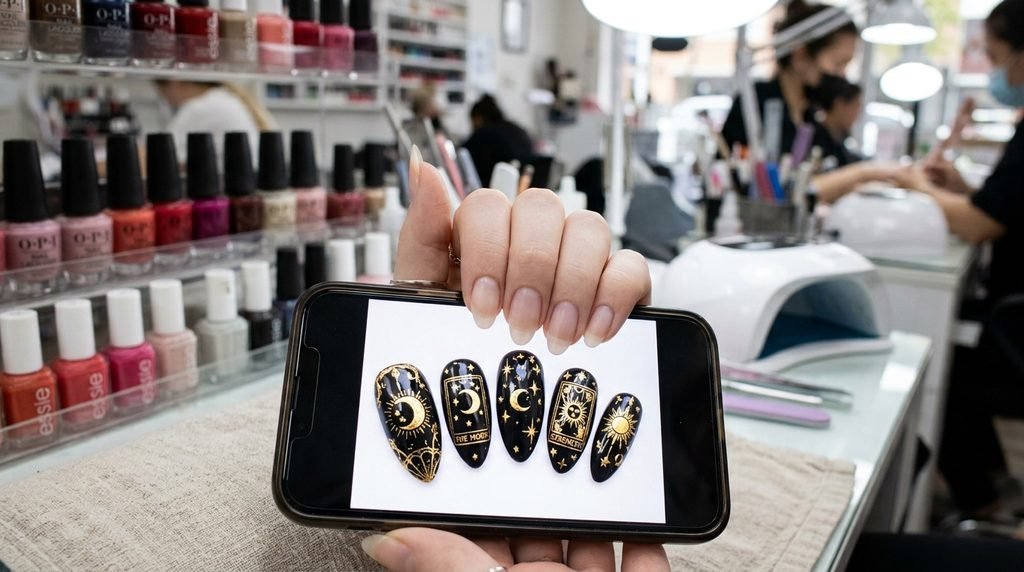 Female hand with clean prepped medium almond nails posed over a smartphone displaying a specific black and gold tarot nail design.