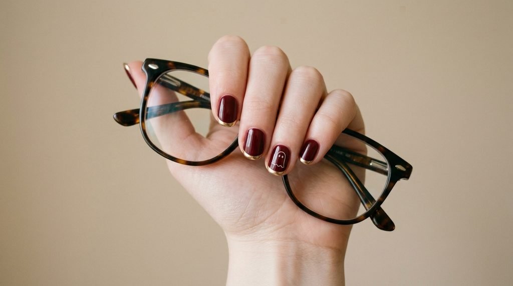 A close-up view of an 18-year-old female hand with short, squoval-shaped natural nails painted in deep burgundy with subtle gold chrome French tips and one tiny ghost. The hand holds spectacles.