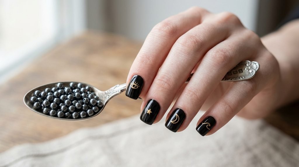 Short square black nails with minimal gold celestial symbols holding a vintage spoon with dark hematite beads.