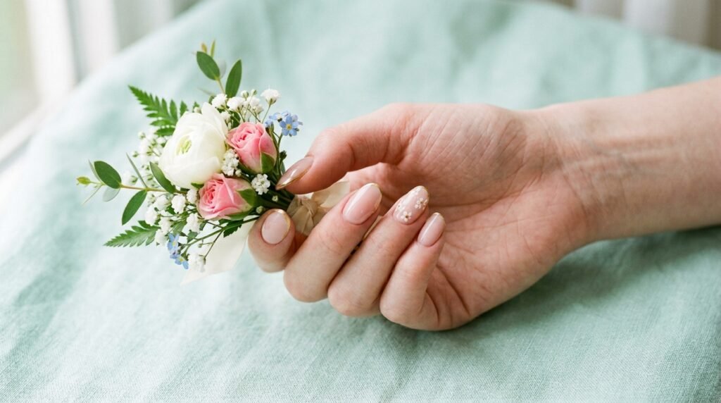 Close-up of female hand with very white skin and almond nails with sheer pink nude and gold details holding a spring flower boutonnière.