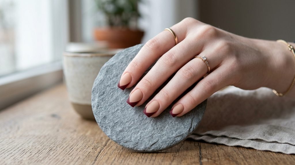 A top-down view of short square nails with a matte nude base and sharp V-shaped oxblood tips