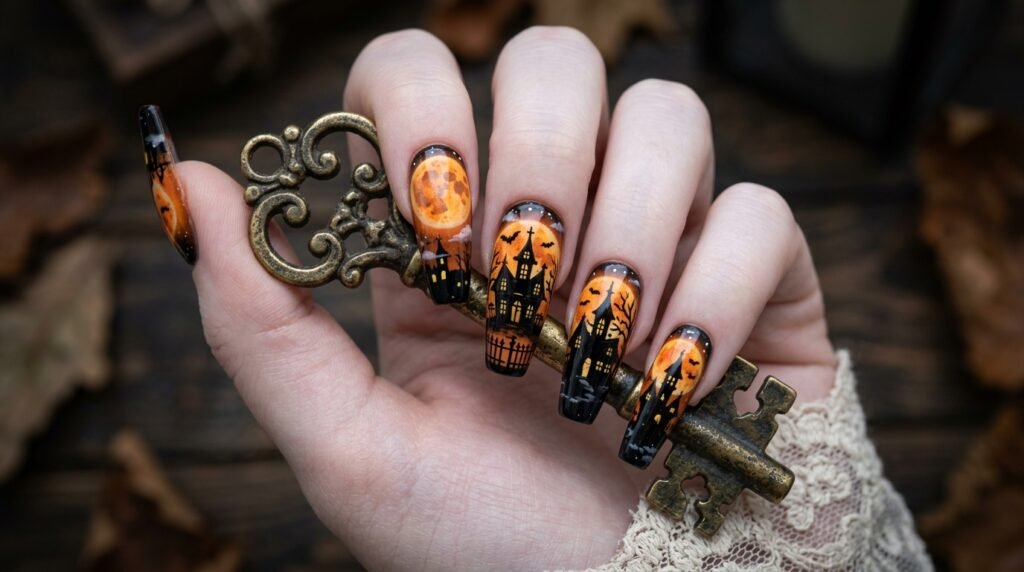 Haunted house silhouette painted on coffin nail with orange full moon background.