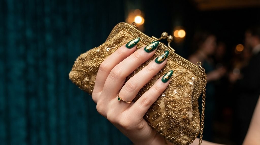 Eighteen year old female hand with fair skin displaying emerald green and gold stiletto nails holding a gold clutch on dark teal.