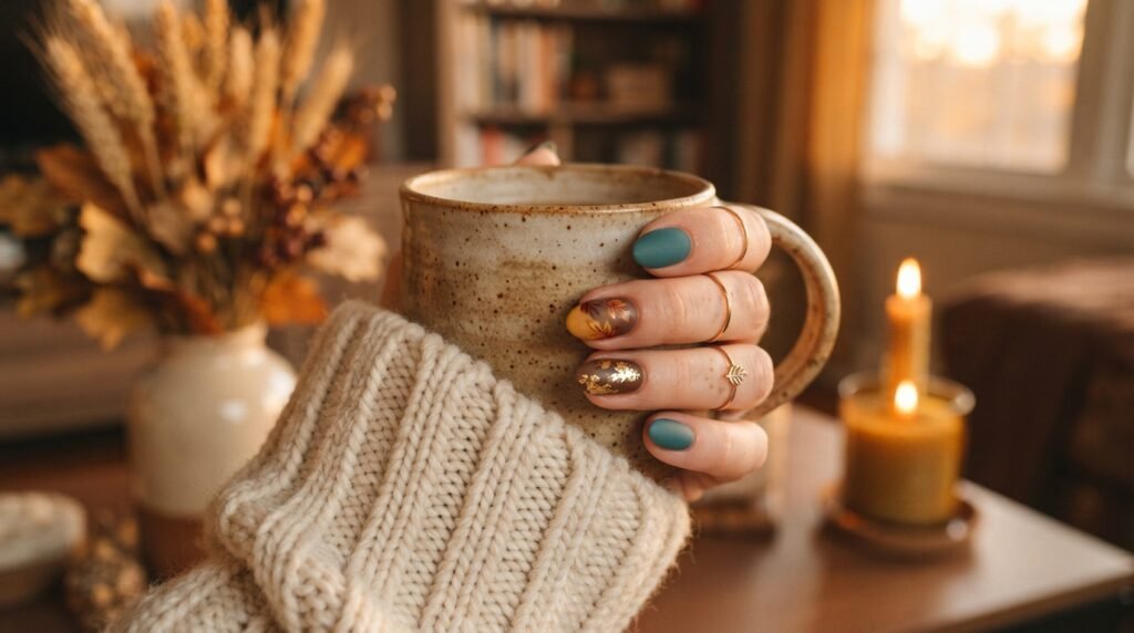 Five fingers displayed flat on light skin showing detailed maple leaf nail art on the index finger.