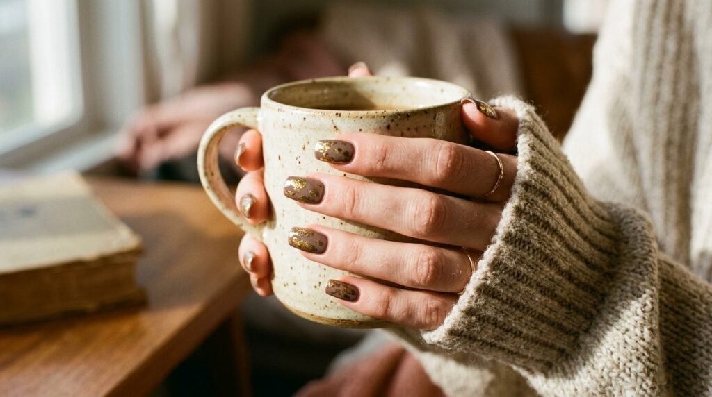 An 18-year-old female hand with very white skin tone holding a mug showing winter-ready taupe and gold splatter nails.