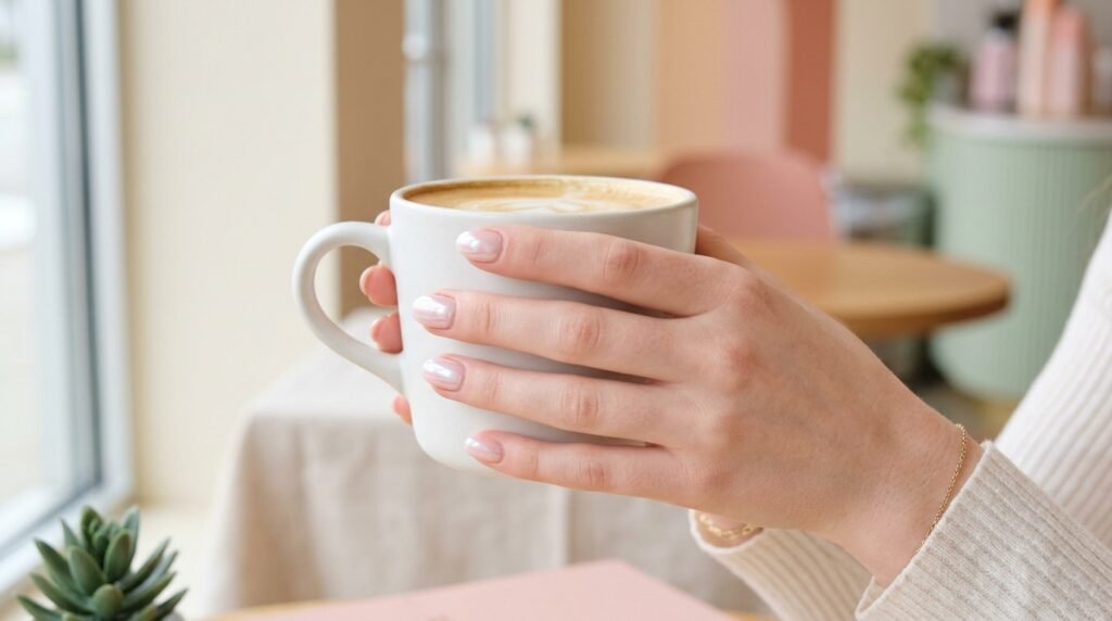 An 18-year-old female hand with very pale skin holding a mug while showing short milky pink chrome nails.