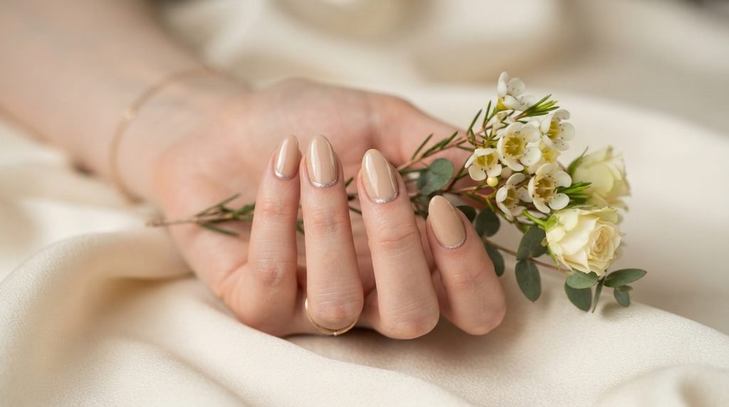 Bridal champagne beige nails with fine silver micro-glitter resting on white flowers