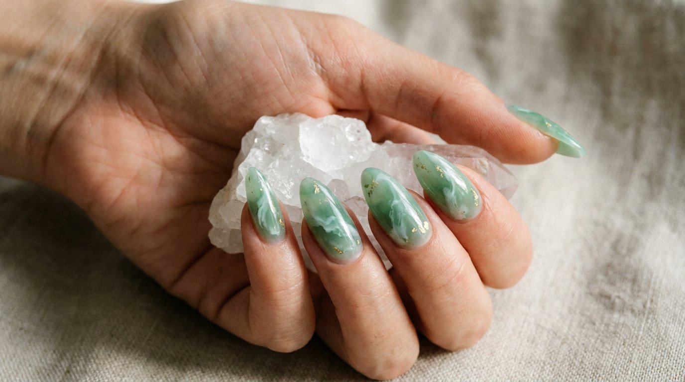 Close-up of a hand with almond-shaped jade marble nails holding a clear quartz crystal.