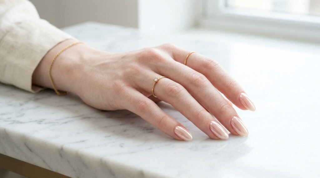 A close-up view of an 18-year-old female hand with smooth white skin showing off pearlescent soft blush glazed donut oval nails.