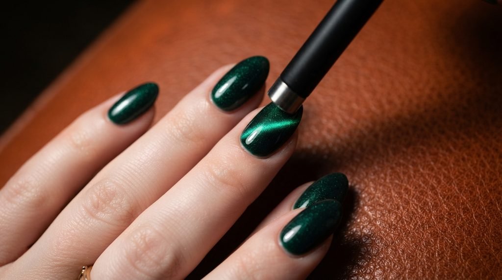 Magnet wand positioning over an emerald nail on a female hand with very white skin against burnt-orange leather.