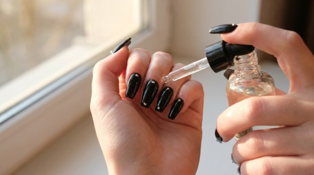 Applying cuticle oil to smooth skin around black manicured nails on female hand with white skin tone.
