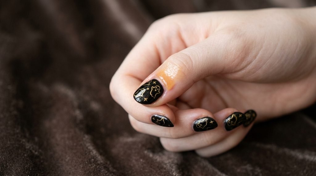 Drop of cuticle oil being massaged into white skin around black and gold Halloween nails.