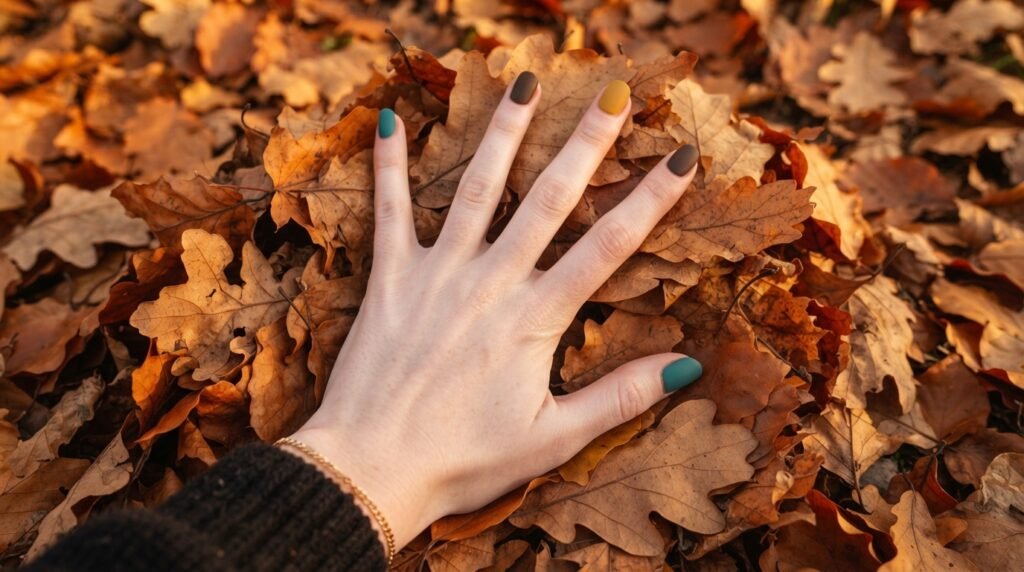 Female hand with 5 mismatched fall nails spread over autumn leaves.