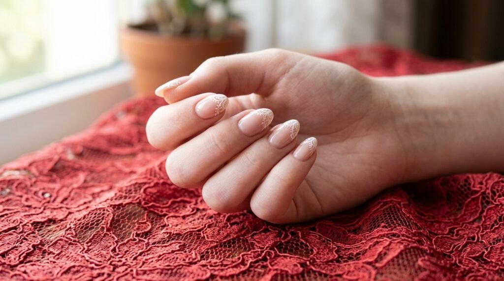 Close up of an 18-year-old female hand with very white skin showing white doily lace nail art on almond nails.