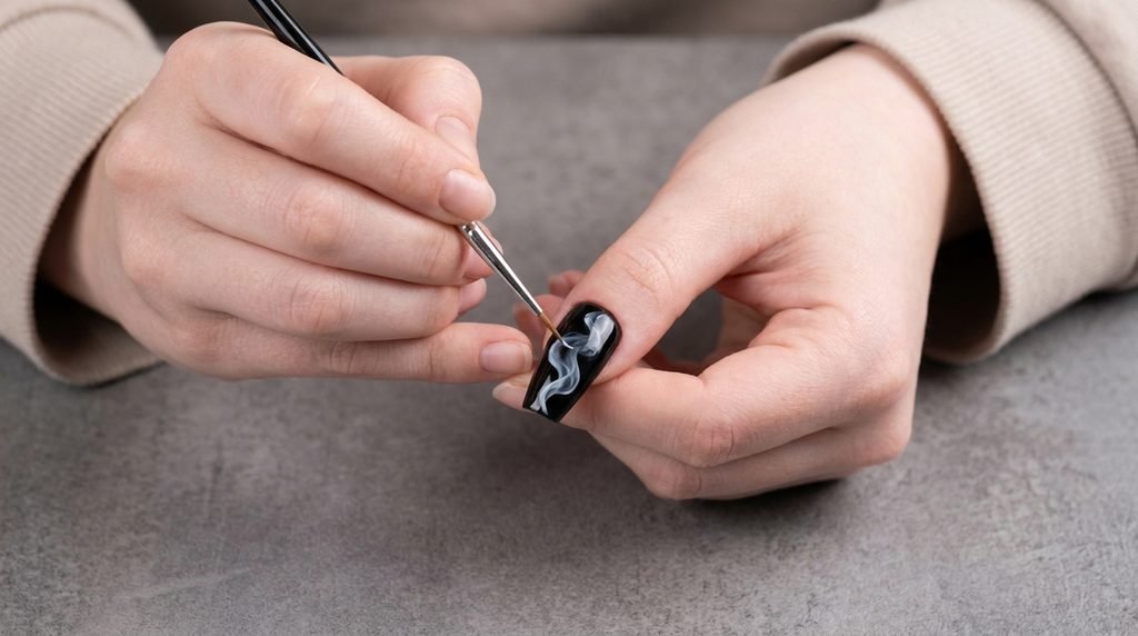 Female hand applying white alcohol ink smoke effect on black gel nail tip with a fine brush.