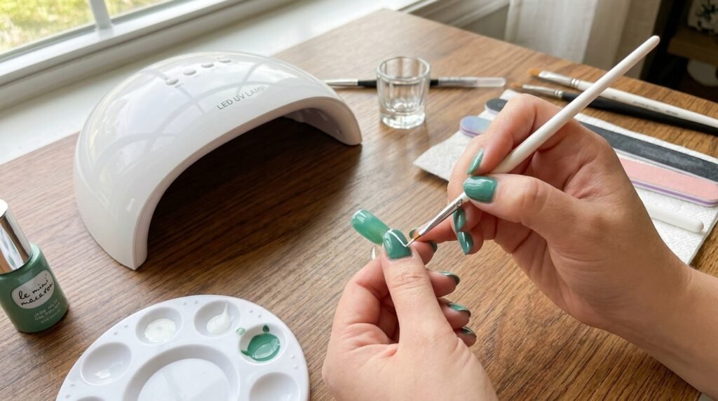 Person using a small nail brush to draw white marble veins onto a green painted nail tip.
