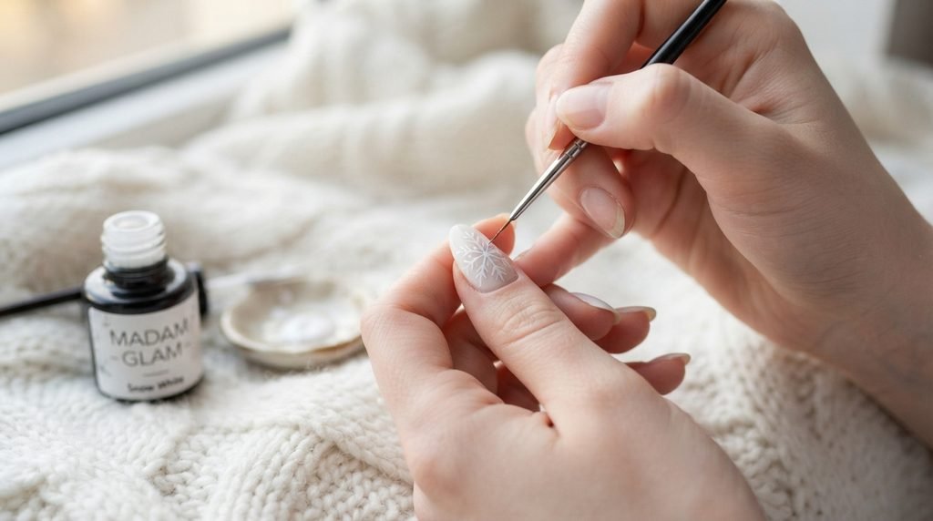 Close-up of a hand with a fine detailing brush painting a snowflake on an almond nail bed.