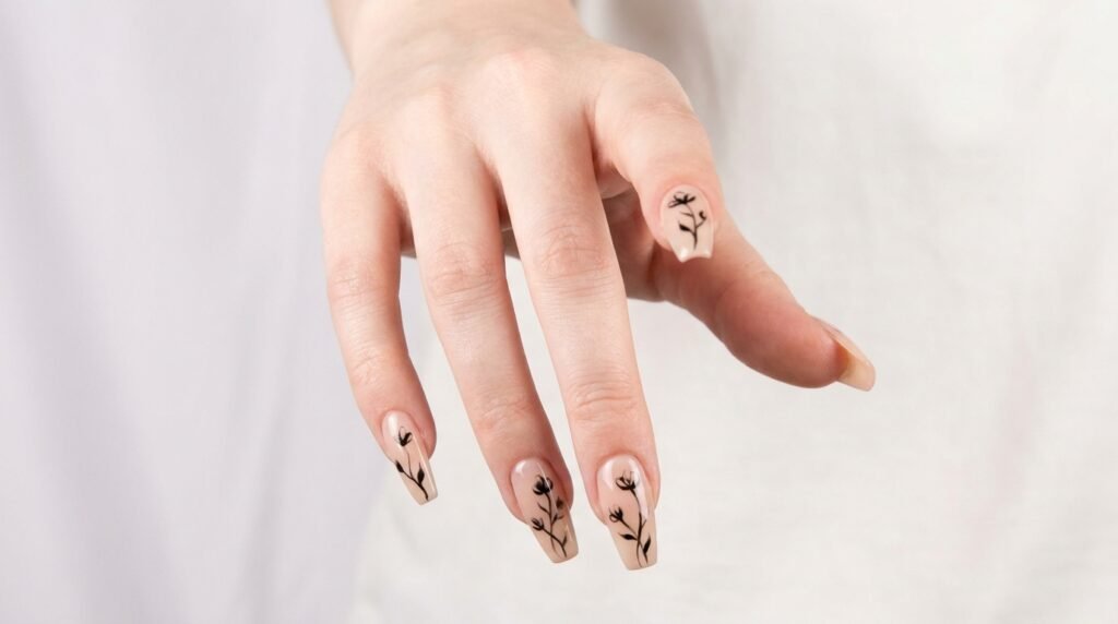Close-up of fanned fingers with fine line black floral nail art over nude polish.