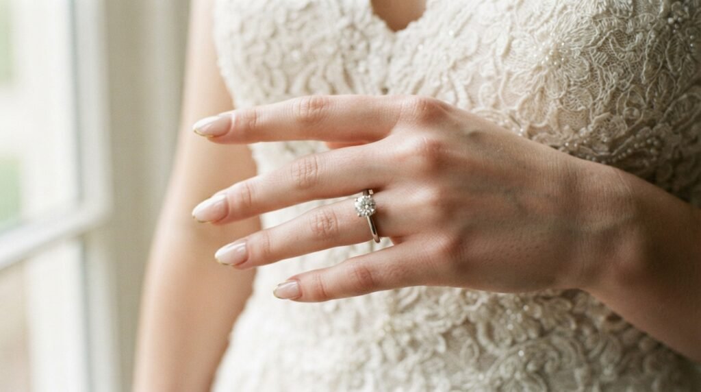 Sophisticated close-up of female hand with very white skin and diamond ring featuring sheer ivory nude almond nails with precise gold hairline tips against a lace wedding dress.