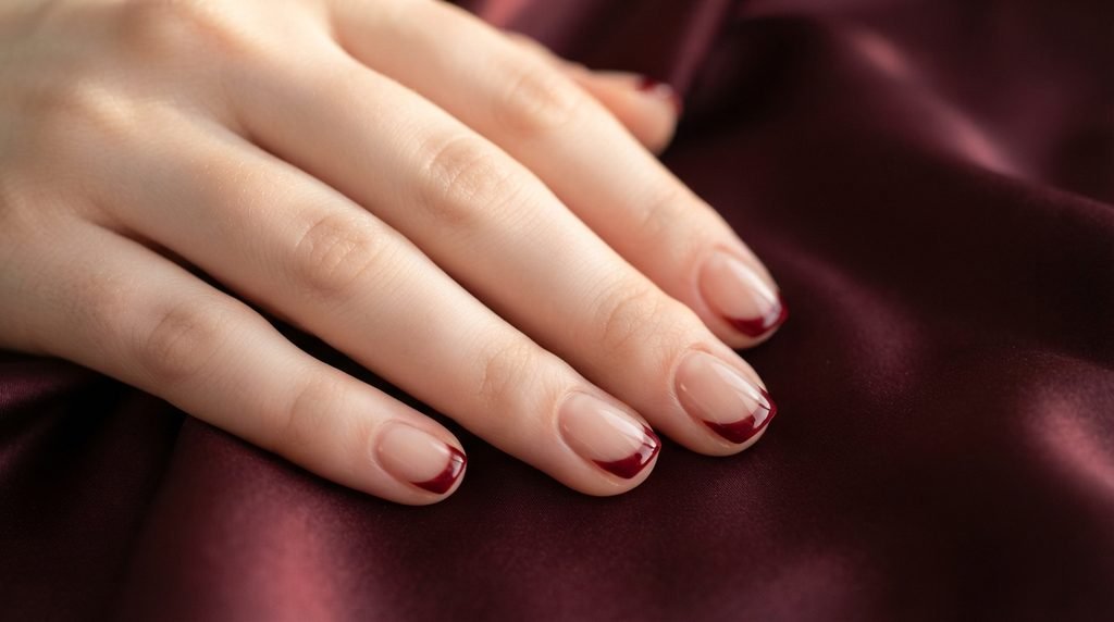 A close-up photograph of short rounded nails with a sheer nude base and glossy oxblood French tips on an 18-year-old female hand