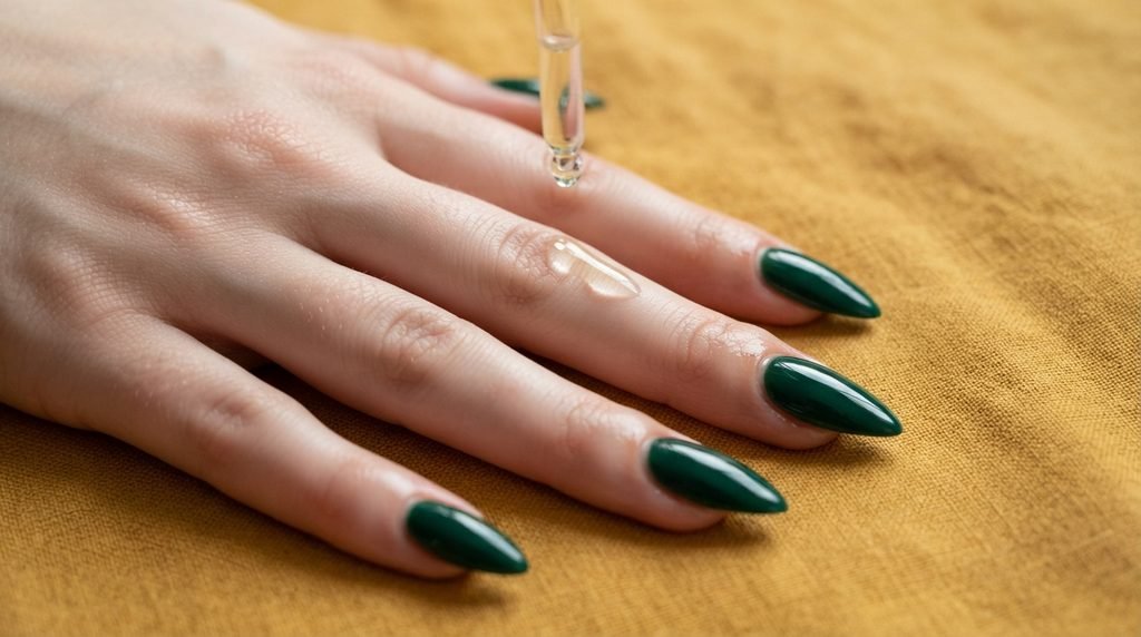 Macro detail of clear rhinestones securely sealed with gel at the cuticle of an emerald stiletto nail over burnt-orange velvet.