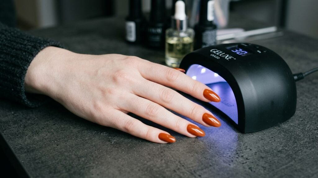 Burnt orange gel almond nails on 18-year-old female white hand beside a dark UV lamp.