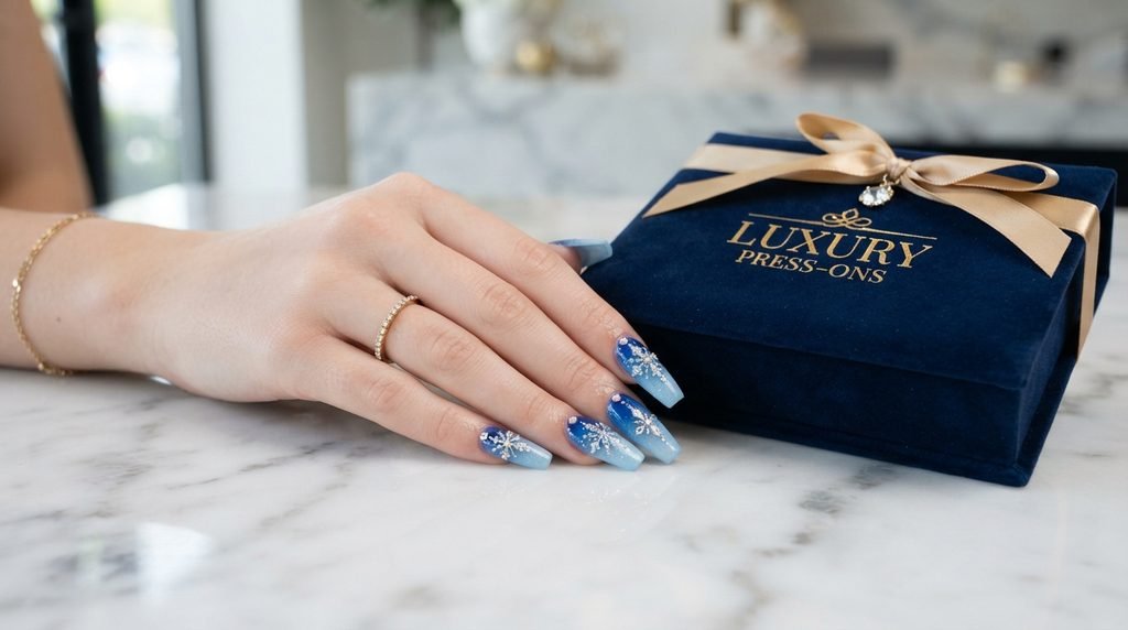 Female hand with perfect coffin press-on blue ombré nails next to a luxury box.