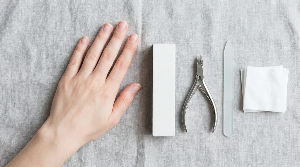 Clean, bare short square nails resting on a light gray towel with professional manicure tools beside them, illustrating thorough nail prep.