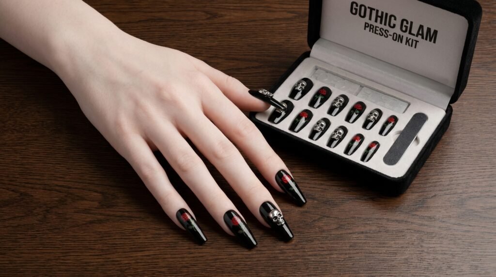 Gothic press on nails with skull charms applied on 18 year old female hand with white skin.