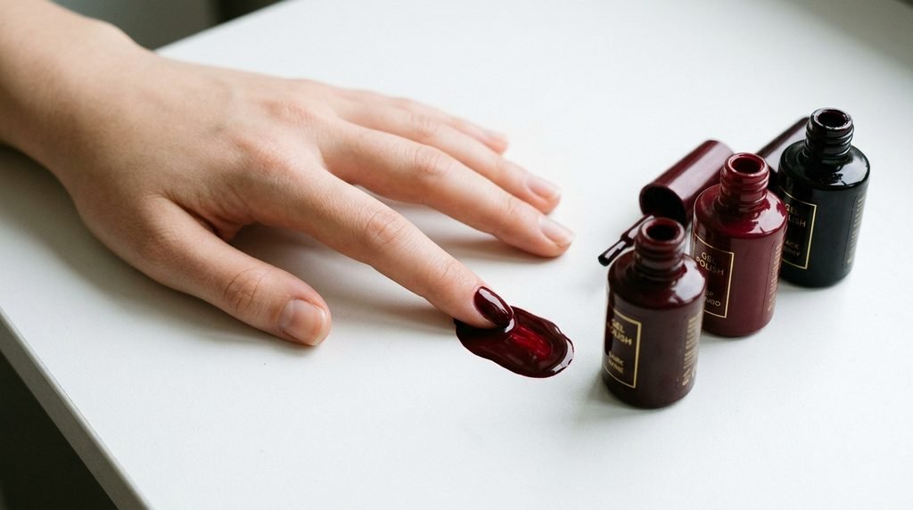 A top-down shot of an 18-year-old hand resting next to multiple bottles of burgundy nail polish on a white background. One finger dips into a swatched color.