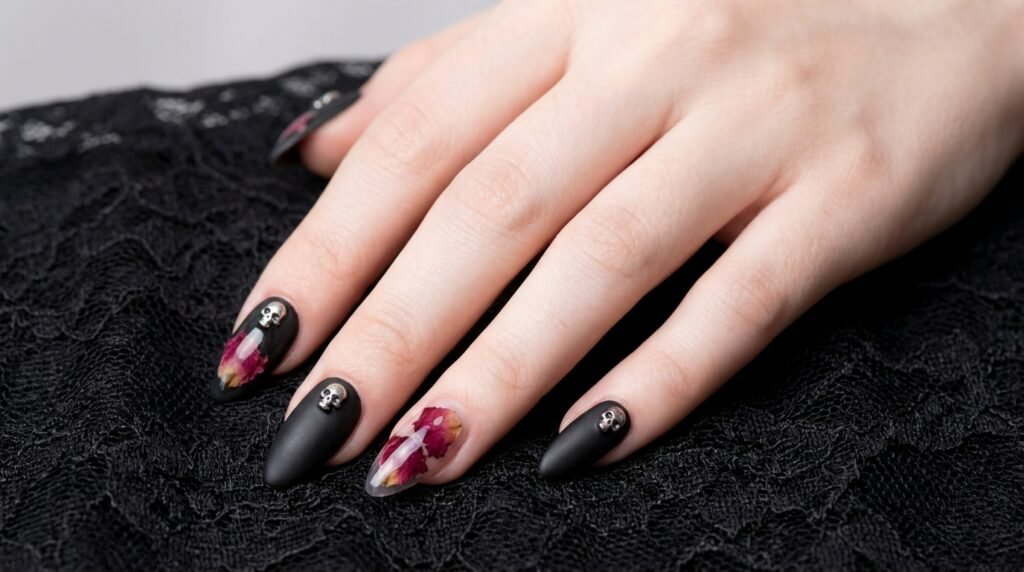 Gothic bridal nails with matte black finish silver skull studs resting on dark lace fabric.