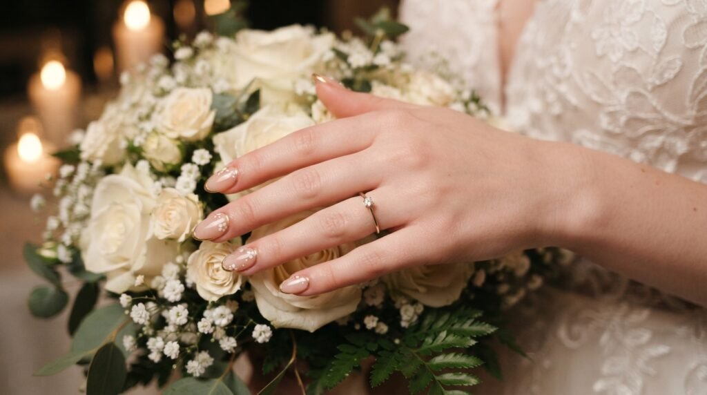 Romantic close-up of female hand with very white skin and diamond ring featuring sheer nude almond nails with thin gold outlines and delicate white florals against a bridal bouquet.