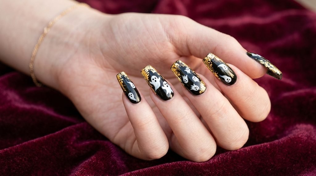 Long coffin nails with black polish and centered ghost silhouettes on white skin hand over charcoal fabric.