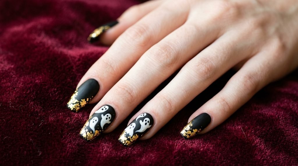 Long coffin nails with black polish and centered ghost silhouettes on white skin hand over charcoal fabric