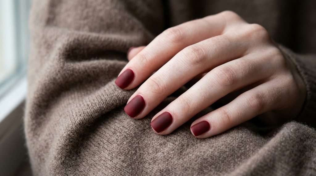 An intimate close-up photograph of short square nails with matte deep oxblood red polish on a very white 18-year-old female hand, against a blurred taupe cashmere background.