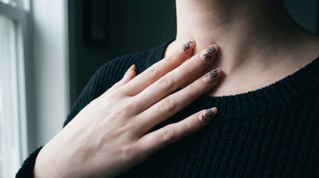 Female hand with smooth white skin resting on a collarbone showing black vintage rose nail art.