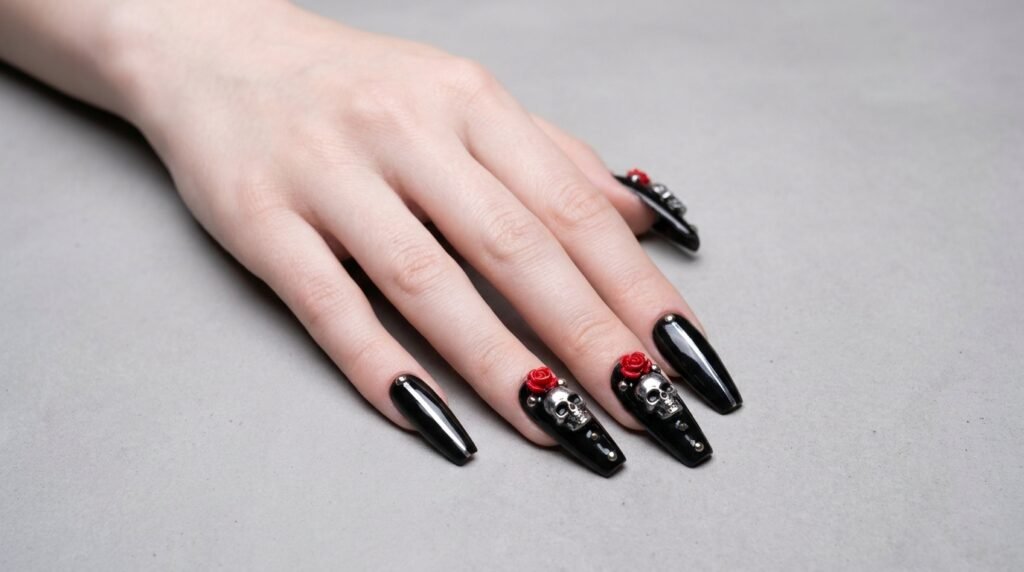 Salon reference photo of black coffin nails featuring silver skulls red roses and stud details on white skin hand.