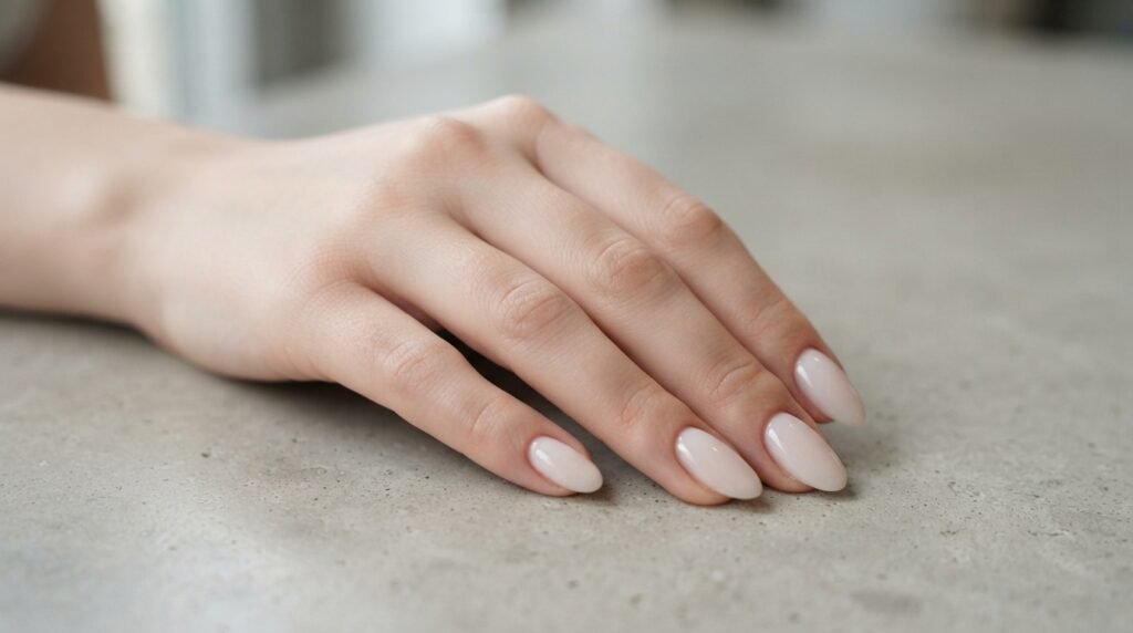 Close-up of a single female hand with neat, milky glazed almond nails resting against a light grey concrete surface.
