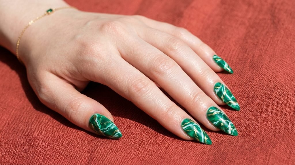 Close up of clean, unsmudged emerald and white marble stiletto nails with gold foil on an eighteen year old fair hand over dark coral cloth.