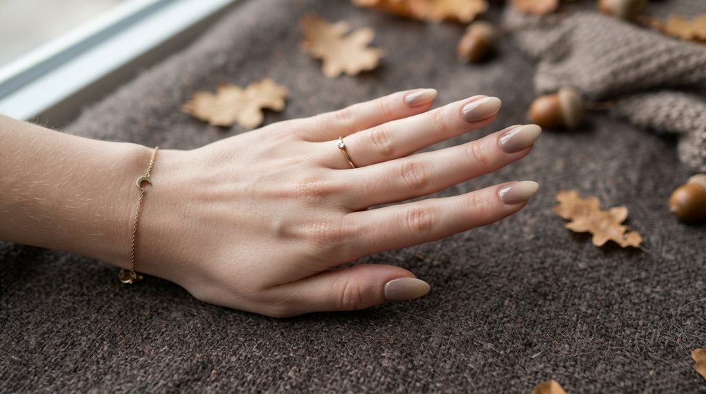 Taupe and champagne ombre gradient almond nails against dark taupe fabric.