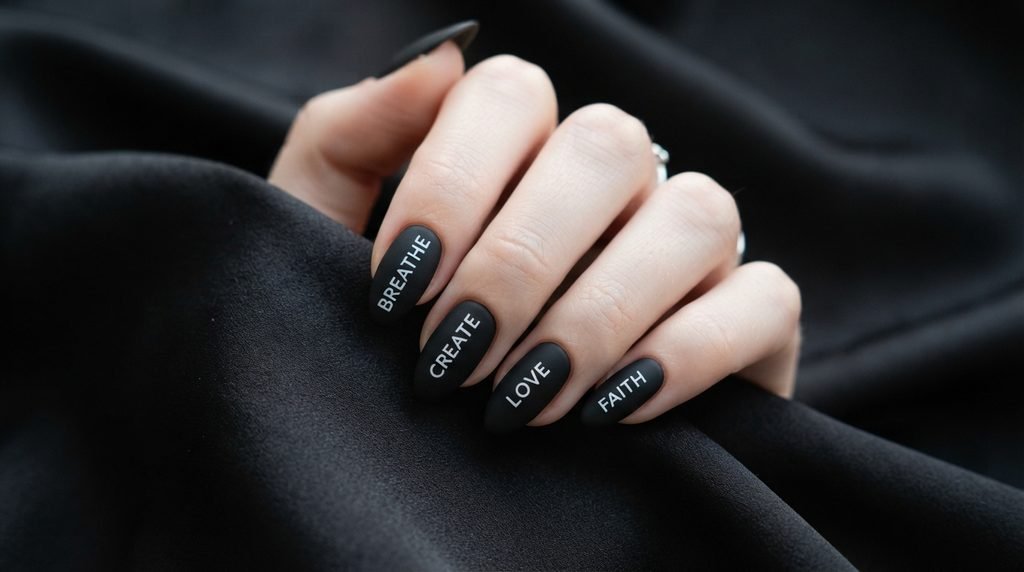 Female hand with pale skin showing black almond nails with white block letters printed on them.