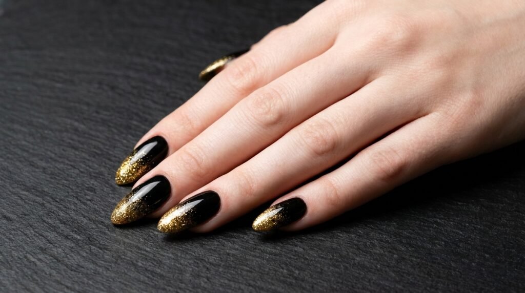 Long almond nails with a glossy black base fading into dense gold glitter at the tips on white hand.