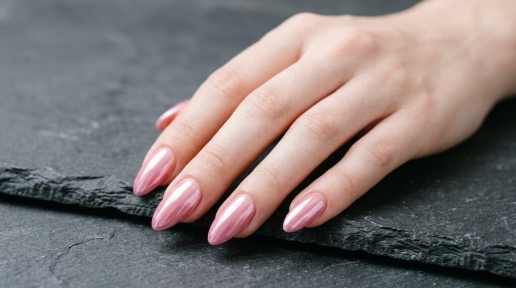 Top view of an 18-year-old female hand with pale white skin displaying light pink chrome almond nails on a dark slate background.